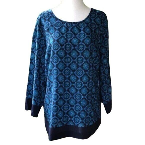 Loft Navy Blue Green Medallion Blouse, 3/4-Sleeves Keyhole Back Women's Size S - Picture 1 of 7